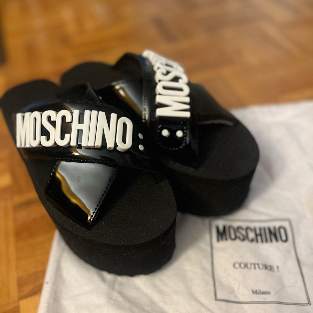 Moschino Black and White Platform Slides RARE & sold out size 37 w dust bag